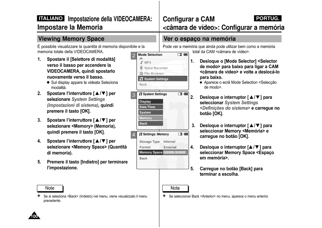 Samsung VP-M110B/XET Viewing Memory Space Ver o espaç o na memó ria, Botão OK Spostare l’interruttore / per, Di memoria 