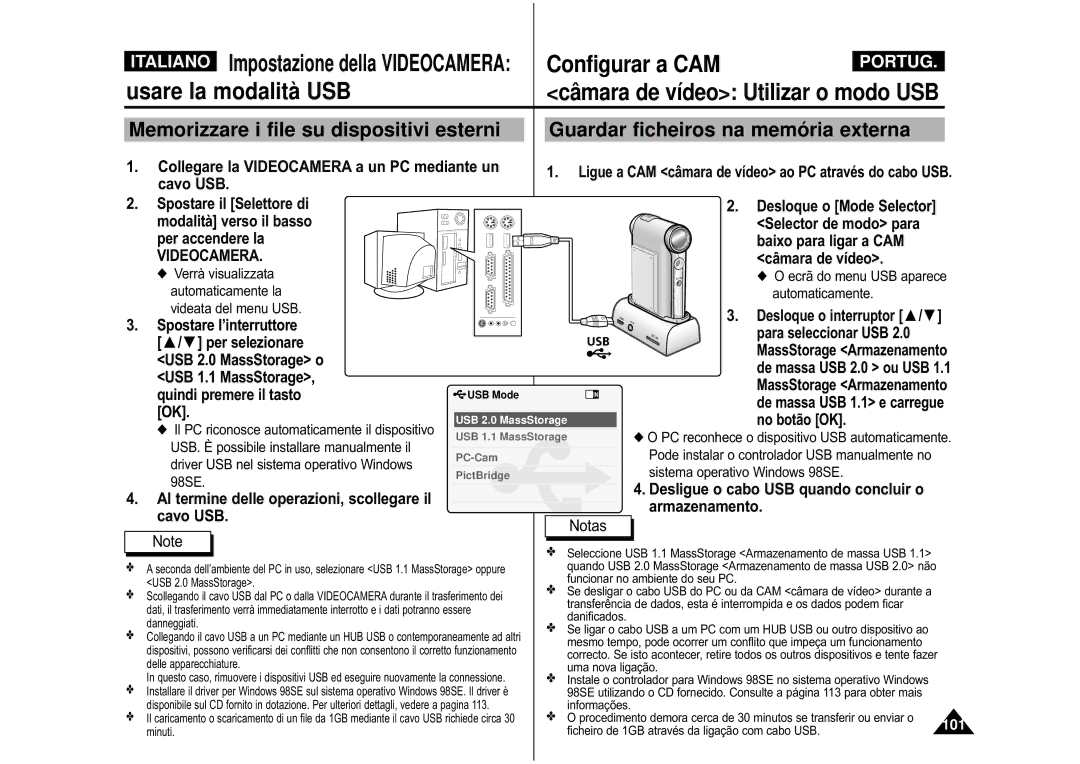 Samsung VP-M110S/XET manual Italiano Impostazione della Videocamera, Collegare la Videocamera a un PC mediante un, Cavo USB 