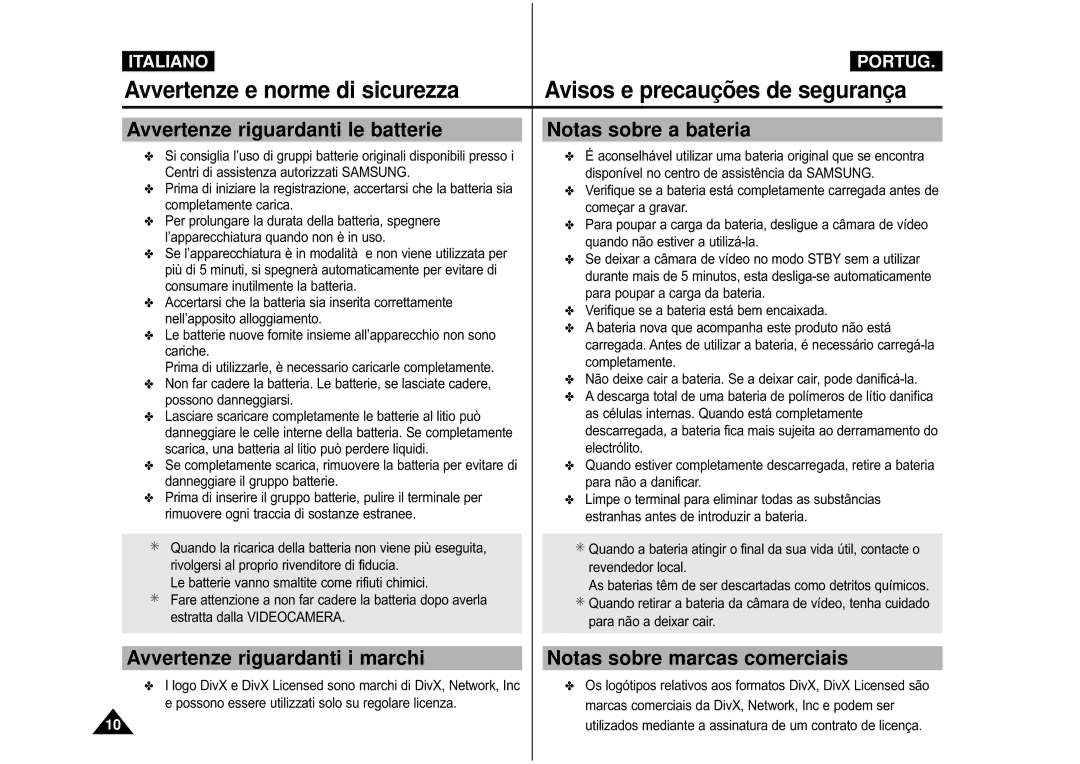 Samsung VP-M110B/XET manual Avvertenze riguardanti le batterie, Notas sobre a bateria, Avvertenze riguardanti i marchi 