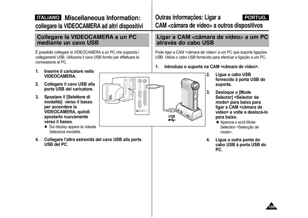 Samsung VP-M110S/XET, VP-M110B/XET Collegare la Videocamera a un PC mediante un cavo USB, Inserire il caricatore nella 