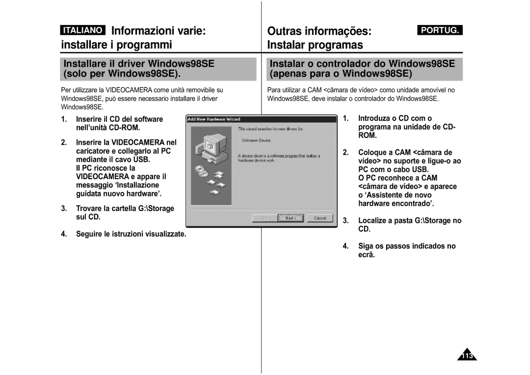 Samsung VP-M110S/XET, VP-M110B/XET manual Installare il driver Windows98SE solo per Windows98SE 