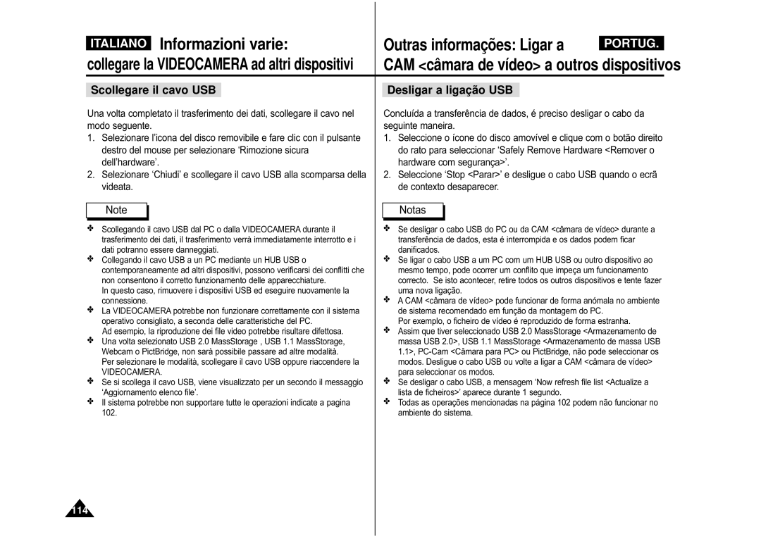 Samsung VP-M110B/XET, VP-M110S/XET manual Outras informações Ligar a, Scollegare il cavo USB Desligar a ligação USB 