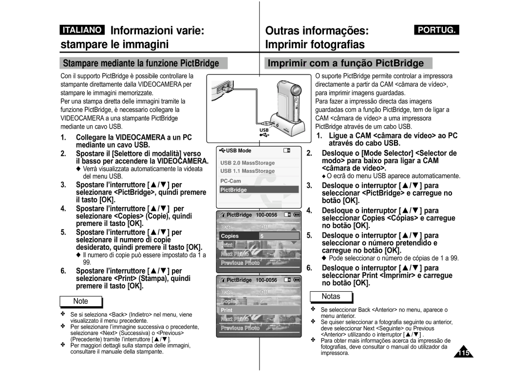 Samsung VP-M110S/XET, VP-M110B/XET manual Stampare le immagini Imprimir fotografias, Imprimir com a funçã o PictBridge 