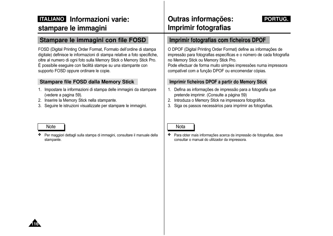 Samsung VP-M110B/XET, VP-M110S/XET manual Stampare le immagini con file Fosd, Imprimir fotografias com ficheiros Dpof 