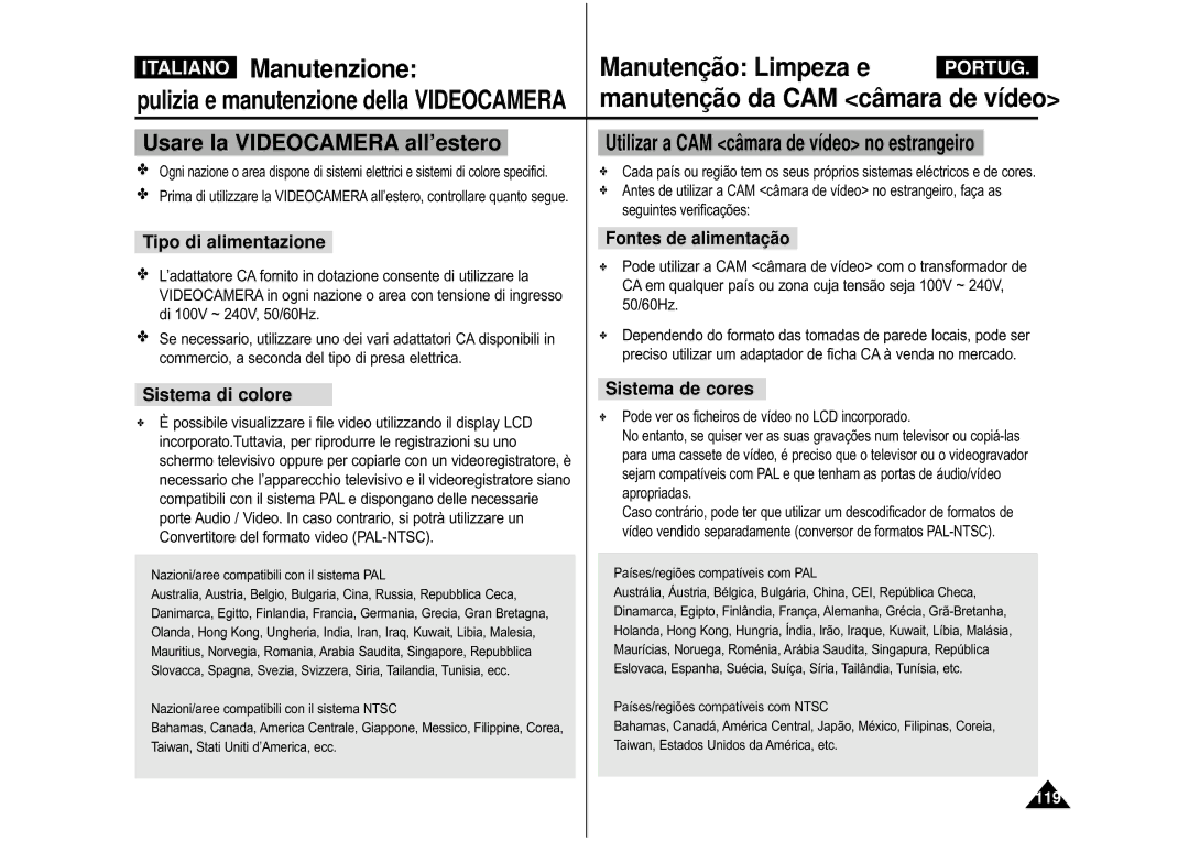 Samsung VP-M110S/XET manual Usare la Videocamera all’estero, Tipo di alimentazione, Sistema di colore, Sistema de cores 