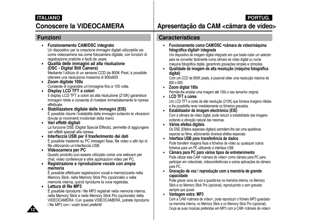 Samsung VP-M110B/XET, VP-M110S/XET manual Conoscere la Videocamera, Funzioni, Características 