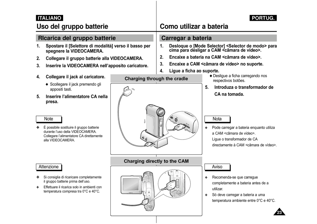 Samsung VP-M110S/XET manual RIcarica del gruppo batterie, Carregar a bateria, Inserire l’alimentatore CA nella presa 