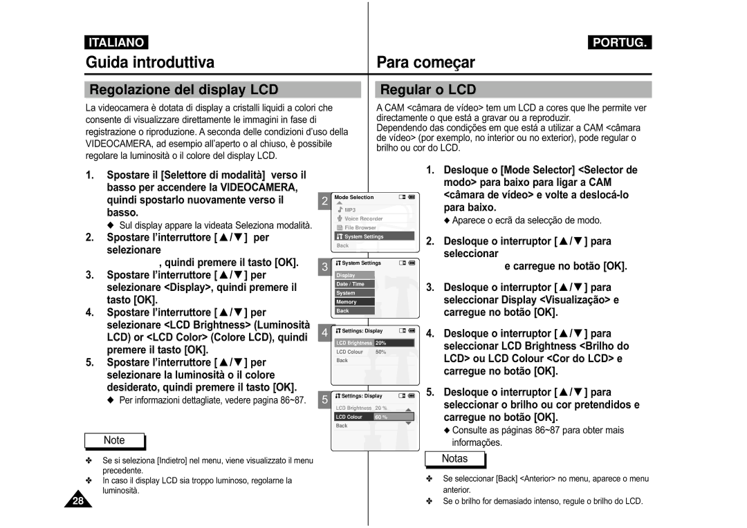 Samsung VP-M110B/XET, VP-M110S/XET Guida introduttiva, Regolazione del display LCD, Aparece o ecrã da selecção de modo 