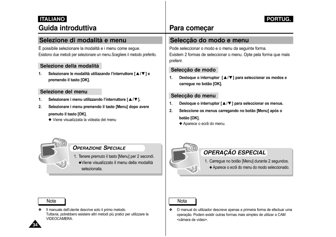 Samsung VP-M110B/XET Selezione di modalità e menu Selecçã o do modo e menu, Selezione della modalità, Selecçã o de modo 