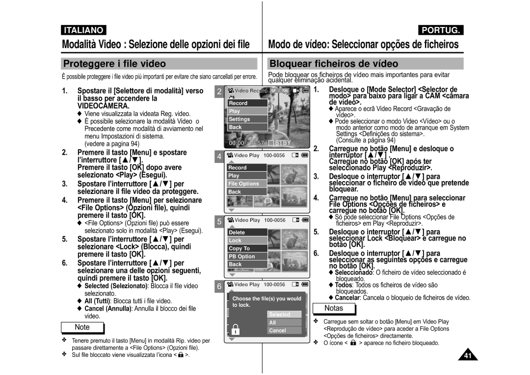 Samsung VP-M110S/XET Proteggere i file video, Bloquear ficheiros de vídeo, Carregue no botão Menu e desloque o interruptor 