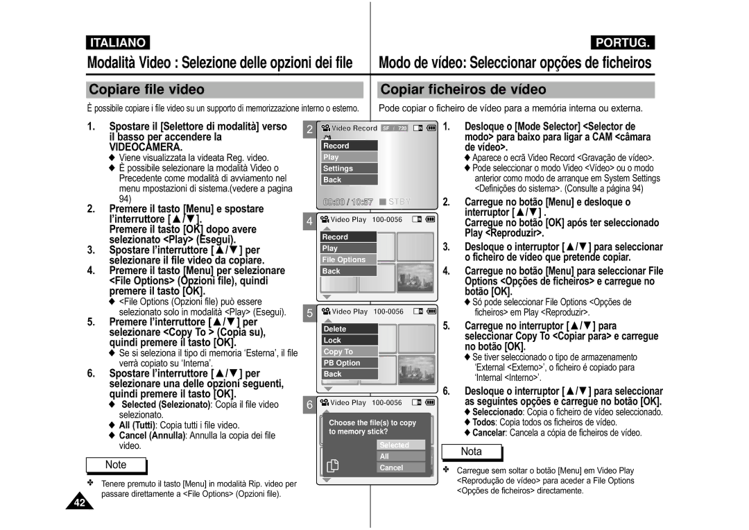 Samsung VP-M110B/XET, VP-M110S/XET manual Copiare file video, Copiar ficheiros de vídeo 