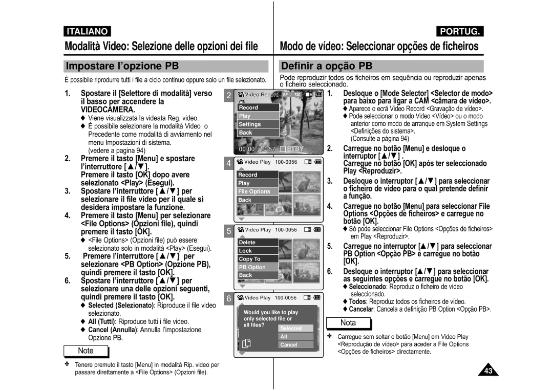 Samsung VP-M110S/XET, VP-M110B/XET Impostare l’opzione PB, Definir a opçã o PB, Selezionare il file video per il quale si 