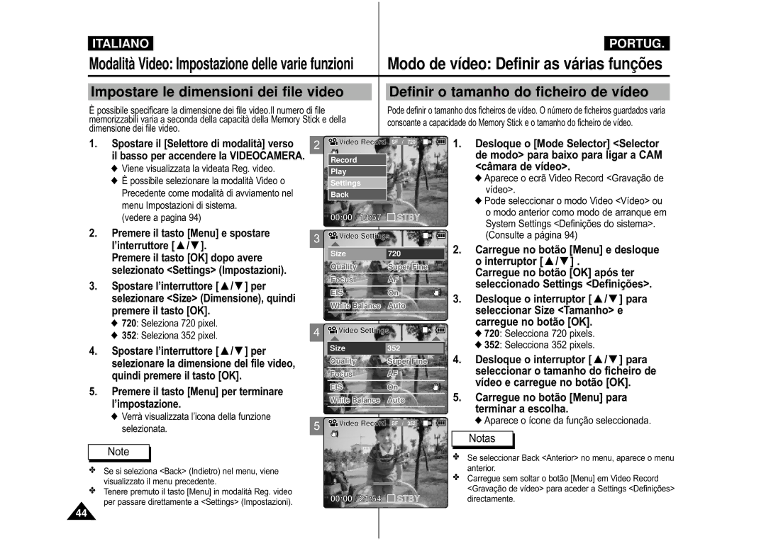 Samsung VP-M110B/XET manual Aparece o ecrã Video Record Gravação de vídeo, Selecciona 720 pixels Selecciona 352 pixels 