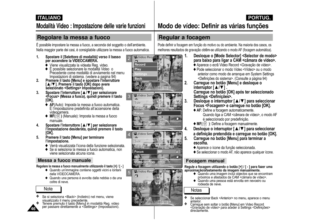 Samsung VP-M110B/XET, VP-M110S/XET Messa a fuoco manuale, Focagem manual 