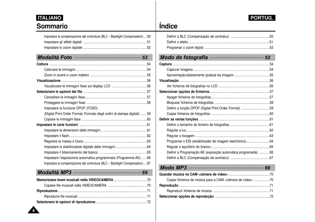 Samsung VP-M110B/XET, VP-M110S/XET manual Sommario Índice, Modalità Foto Modo de fotografia 