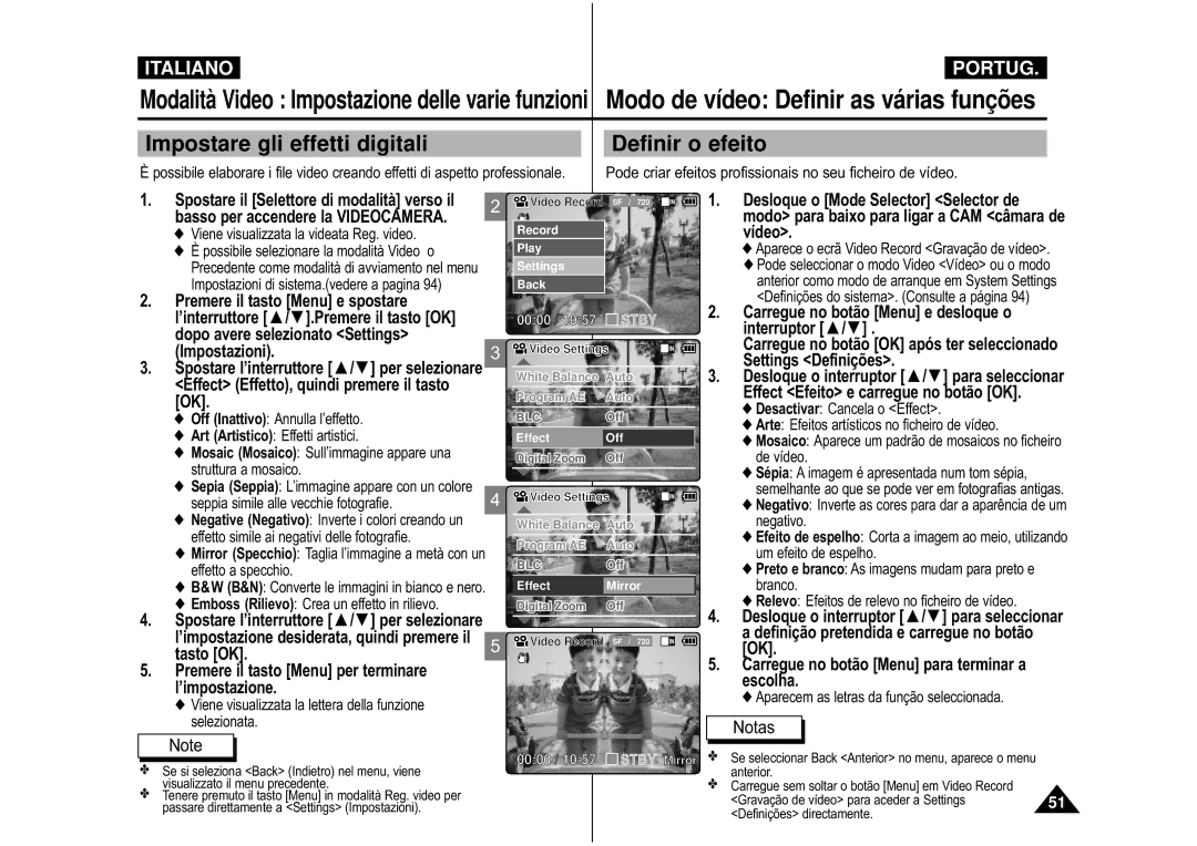 Samsung VP-M110S/XET, VP-M110B/XET manual Impostazioni, Effect Effetto, quindi premere il tasto, Tasto OK 