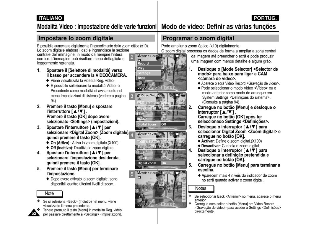 Samsung VP-M110B/XET, VP-M110S/XET manual Impostare lo zoom digitale Programar o zoom digital 