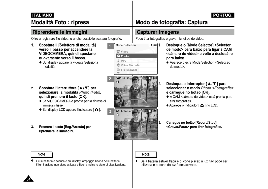 Samsung VP-M110B/XET Modalità Foto ripresa Modo de fotografia Captura, Riprendere le immagini Capturar imagens, De modo 