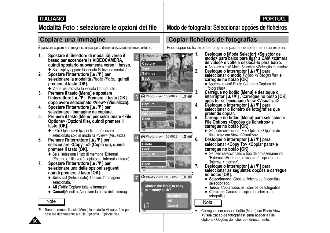 Samsung VP-M110B/XET manual Copiare una immagine, Copiar ficheiros de fotografias, Selezionare l’immagine da copiare 