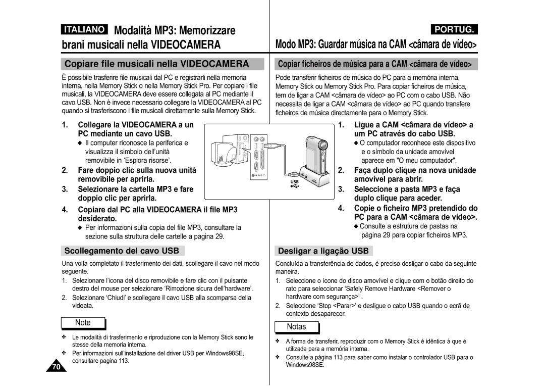 Samsung VP-M110B/XET, VP-M110S/XET manual Scollegamento del cavo USB, Desligar a ligação USB 