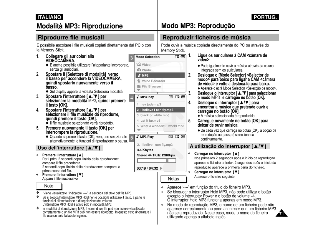 Samsung VP-M110S/XET Modalità MP3 Riproduzione Modo MP3 Reproduçã o, Utilizaçã o do interruptor Uso dell’interruttore 