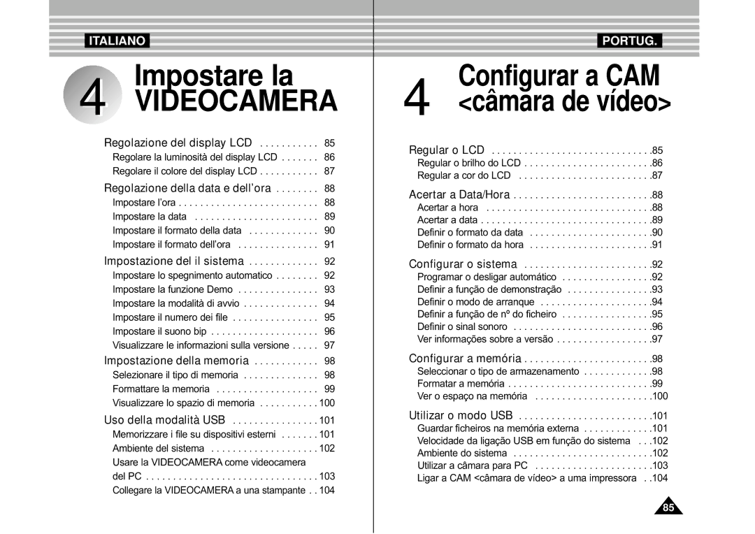 Samsung VP-M110S/XET, VP-M110B/XET manual Collegare la Videocamera a una stampante, Configurar a memória, 100 