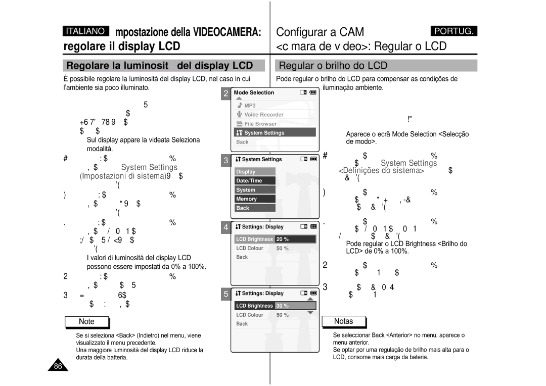 Samsung VP-M110B/XET, VP-M110S/XET manual Configurar a CAM, Câmara de vídeo Regular o LCD 