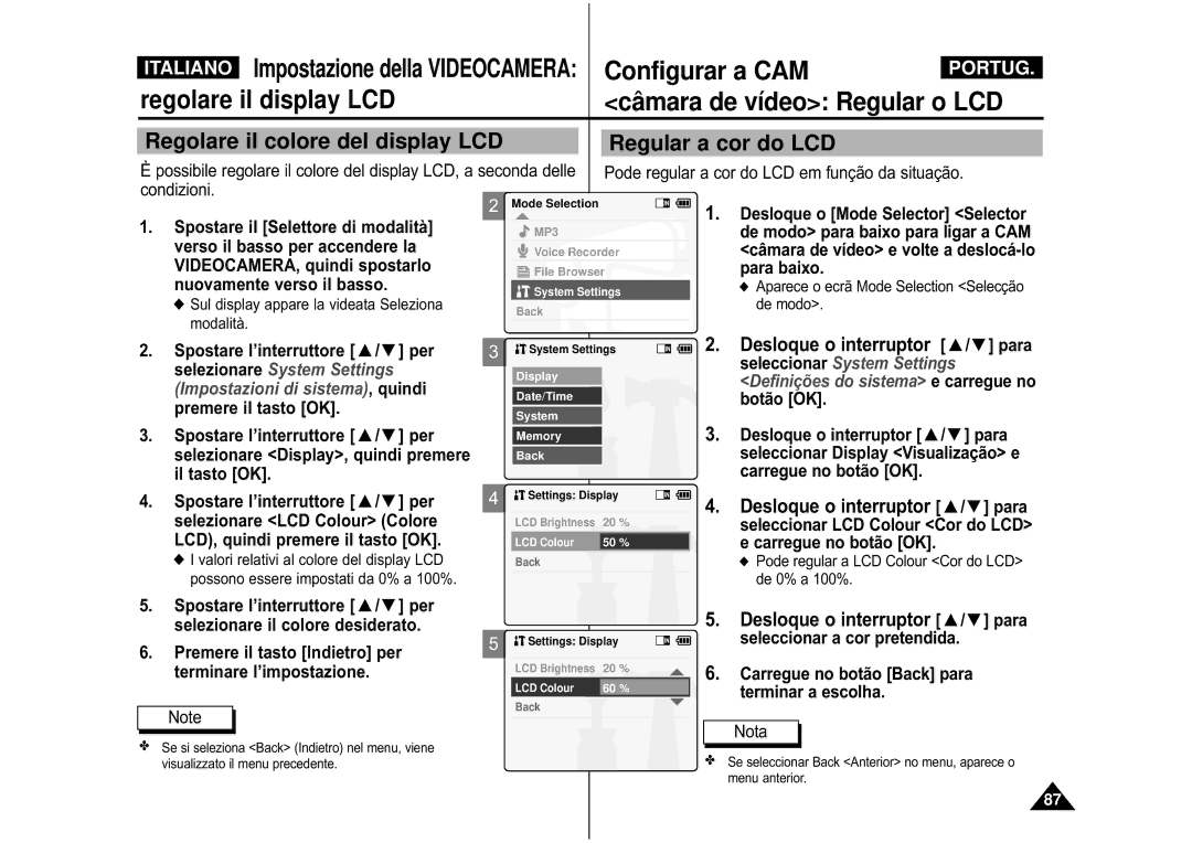 Samsung VP-M110S/XET, VP-M110B/XET Câ mara de vídeo Regular o LCD, Regolare il colore del display LCD Regular a cor do LCD 