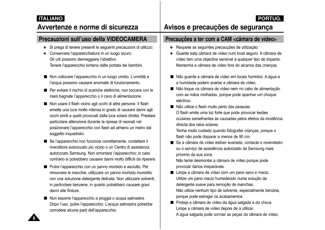 Samsung VP-M110B/XET Precauções a ter com a CAM câmara de vídeo, Tenere l’apparecchio lontano dalla portata dei bambini 