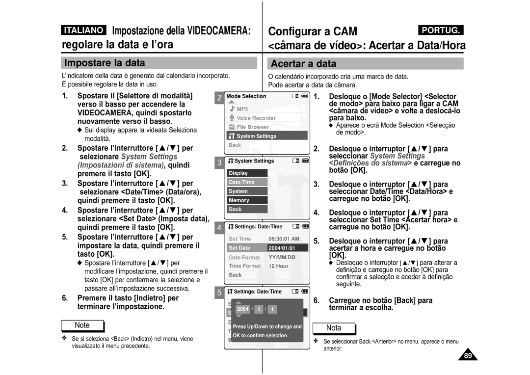 Samsung VP-M110S/XET, VP-M110B/XET manual Impostare la data Acertar a data, Impostazione della Videocamera 