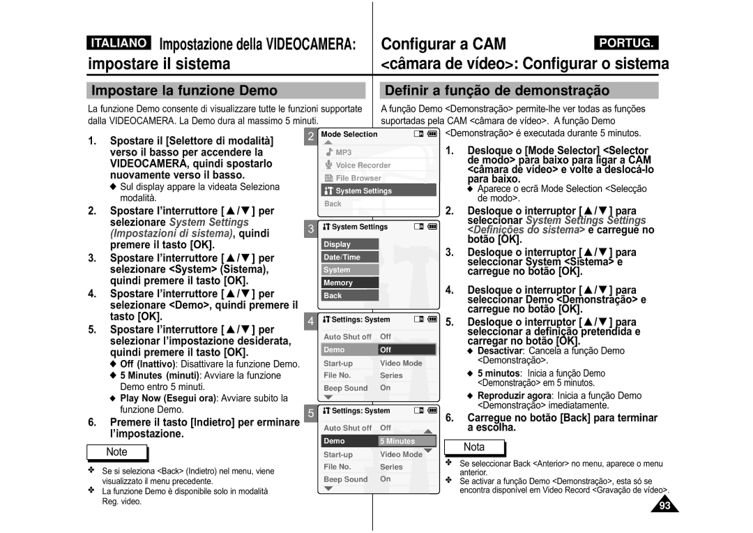 Samsung VP-M110S/XET manual Botão OK Premere il tasto OK, Selezionare System Sistema, Seleccionar Demo Demonstração e 