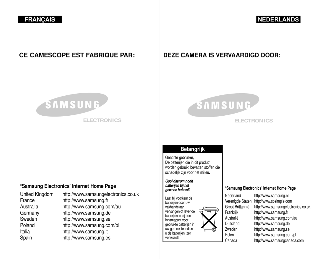 Samsung VP-M110S/XEF, VP-M110S/XET, VP-M110B/XEF, VP-M110R/XEF manual Français Nederlands 