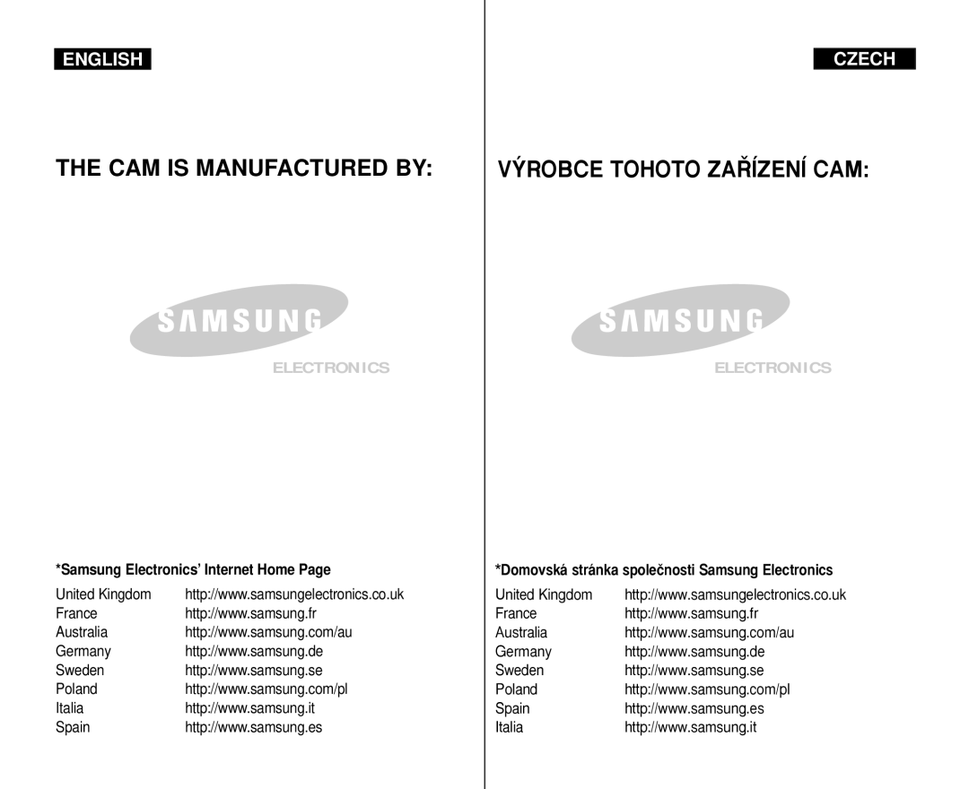 Samsung VP-M110B/XET, VP-M110S/XET manual CAM is Manufactured by Esta Câmara DE Vídeo É Fabricada POR 