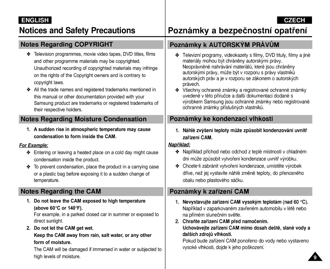 Samsung VP-X110L/XEC, VP-M110S/XET Poznámky k AUTORSK¯M Právòm, Poznámky ke kondenzaci vlhkosti, Poznámky k zaﬁízení CAM 