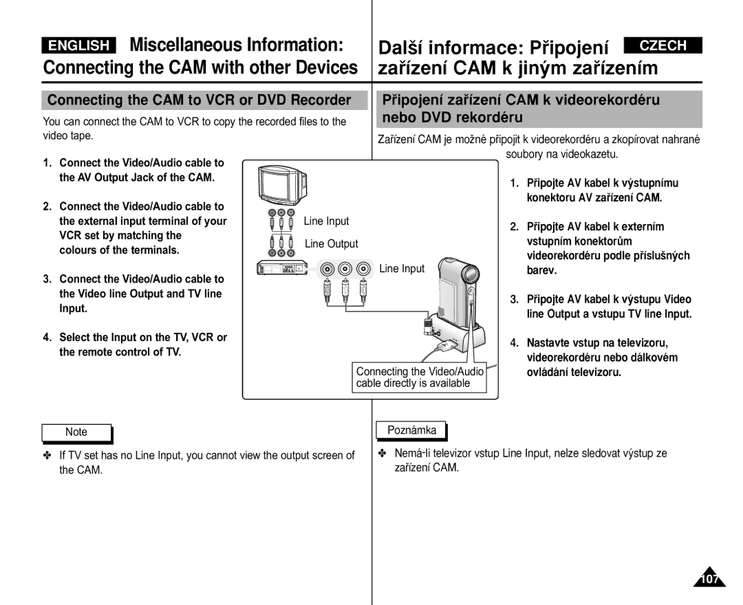 Samsung VP-M110B/EUR, VP-M110S/XET manual English Miscellaneous Information Dal‰í informace Pﬁipojení, Nebo DVD rekordéru 