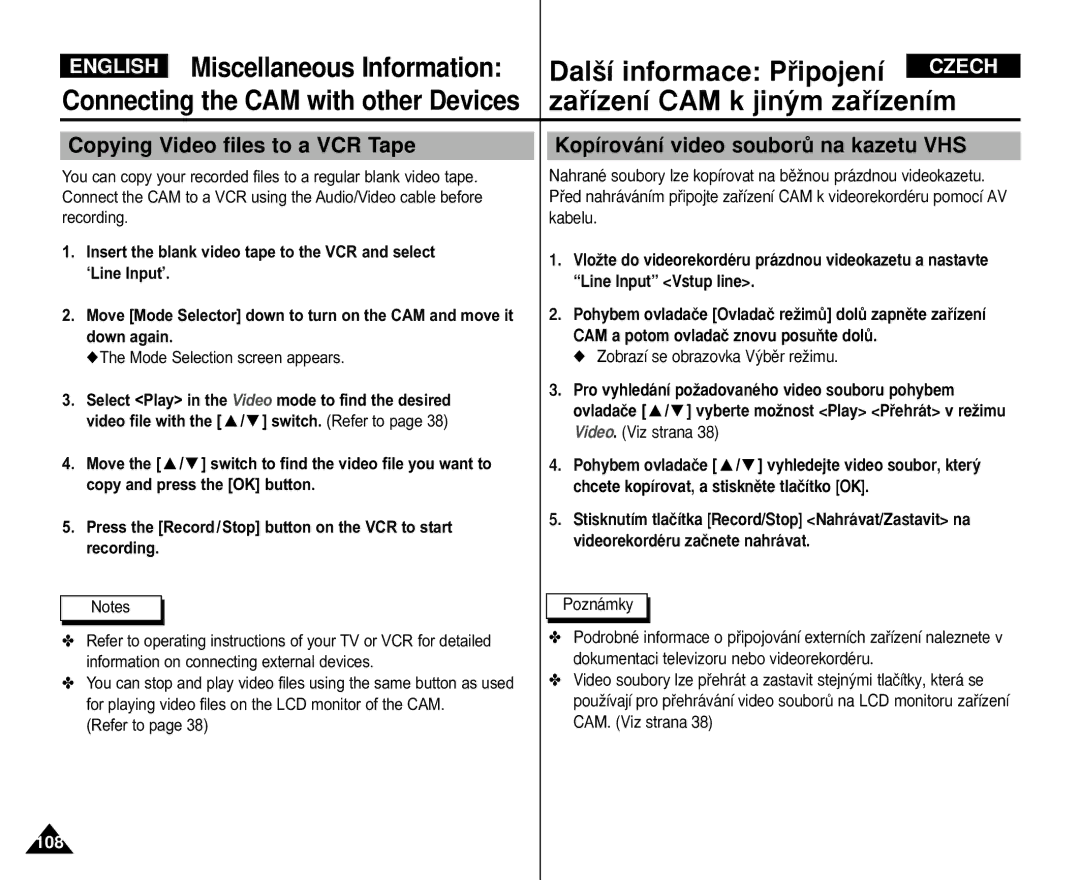 Samsung VP-X110L/XEG manual Copying Video files to a VCR Tape, Kopírování video souborÛ na kazetu VHS, Refer to Poznámky 