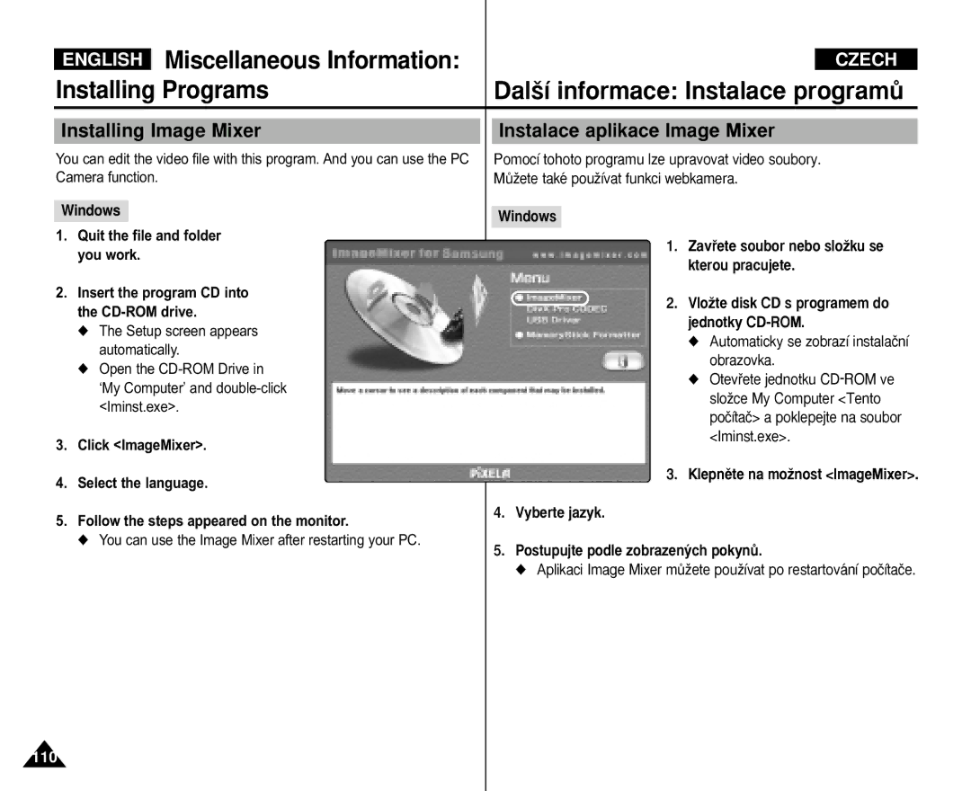 Samsung VP-M110S/XEF, VP-M110S/XET, VP-M110B/XEF manual Installing Image Mixer, Instalace aplikace Image Mixer, Windows 