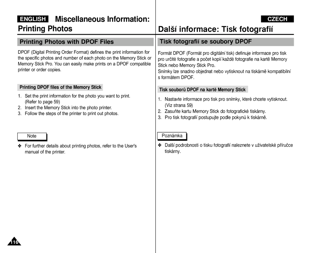 Samsung VP-M110BMEM, VP-M110S/XET manual Printing Dpof files of the Memory Stick, Tisk souborÛ Dpof na kartû Memory Stick 