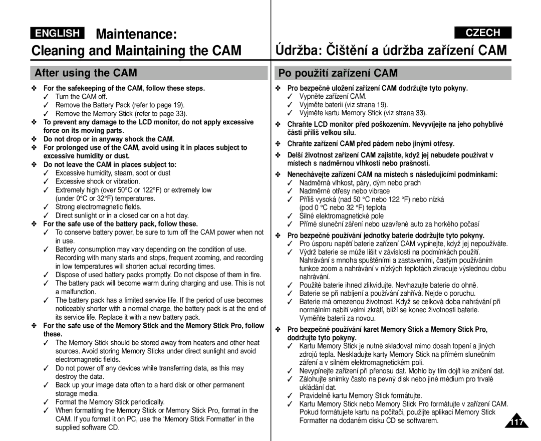 Samsung VP-M110B/XET After using the CAM, Po pouÏití zaﬁízení CAM, For the safekeeping of the CAM, follow these steps 