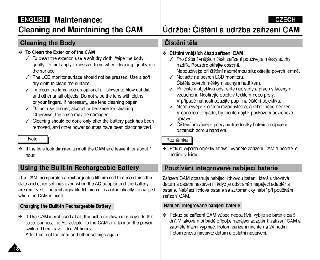 Samsung VP-M105B/XEC, VP-M110S/XET, VP-M110S/XEF manual Cleaning the Body, Âi‰tûní tûla, To Clean the Exterior of the CAM 