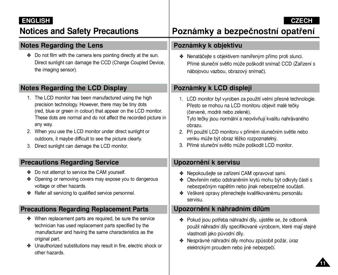 Samsung VP-M110R/XEC Poznámky k objektivu, Poznámky k LCD displeji, Upozornûní k servisu, Upozornûní k náhradním dílÛm 