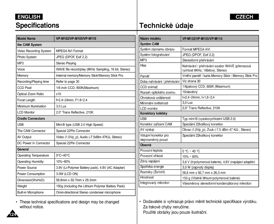 Samsung VP-M110B/KNT, VP-M110S/XET, VP-M110S/XEF, VP-M110B/XEF, VP-X110L/XEF, VP-M110R/XEF manual Specifications Technické údaje 