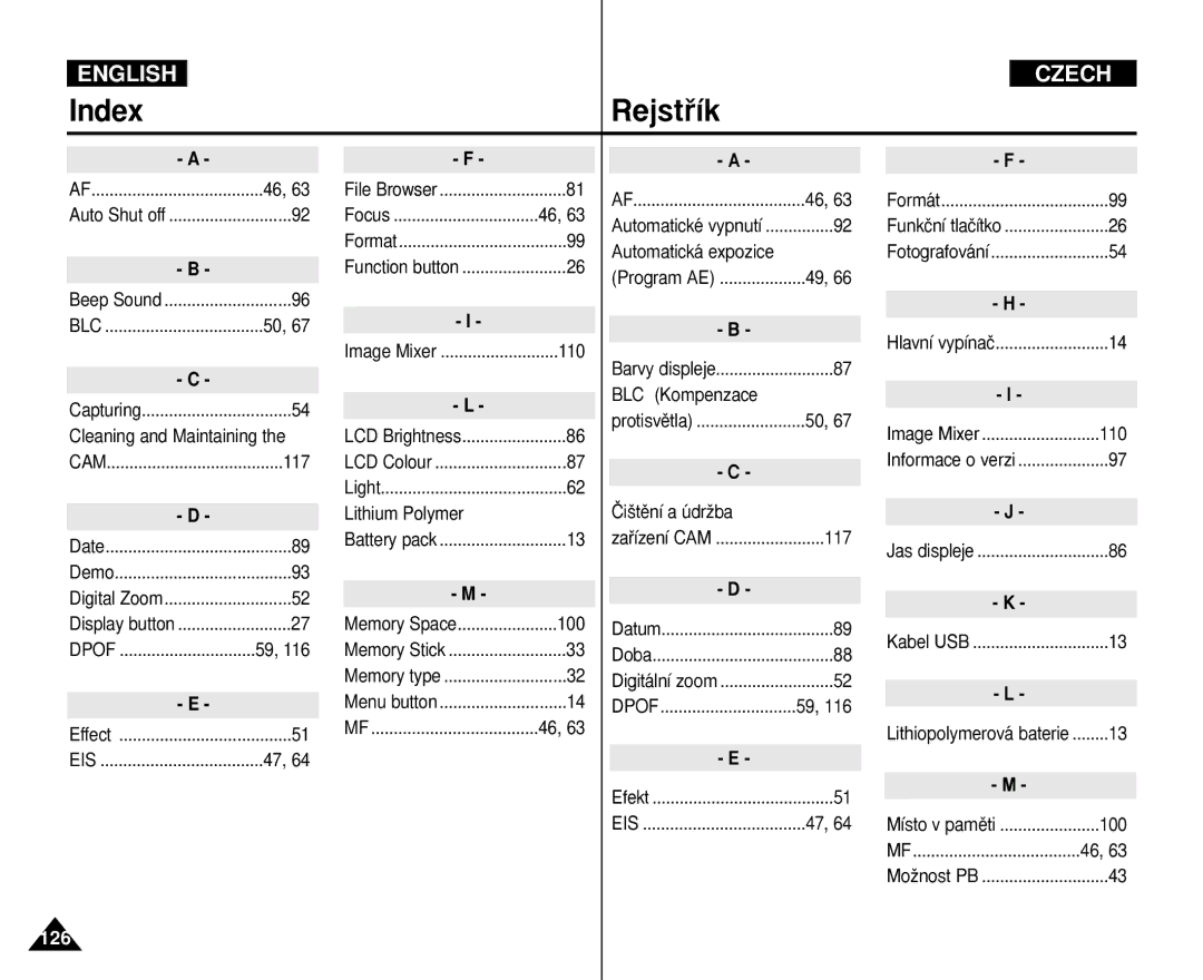 Samsung VP-M110S/TAW, VP-M110S/XET, VP-M110S/XEF, VP-M110B/XEF manual Index Rejstﬁík, BLC Kompenzace, Âi‰tûní a údrÏba, 117 