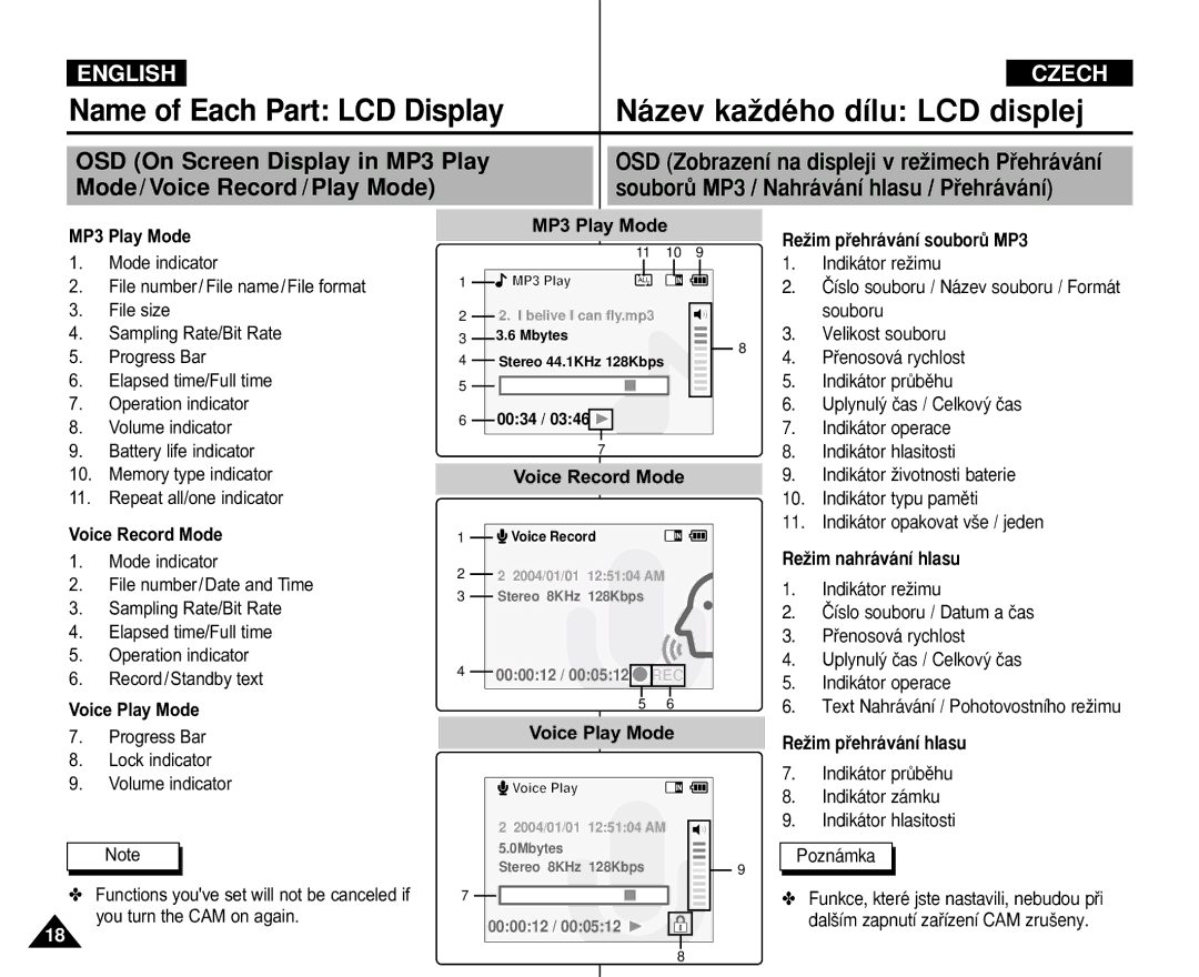 Samsung VP-M110R/KNT, VP-M110S/XET manual OSD On Screen Display in MP3 Play, OSD Zobrazení na displeji v reÏimech Pﬁehrávání 