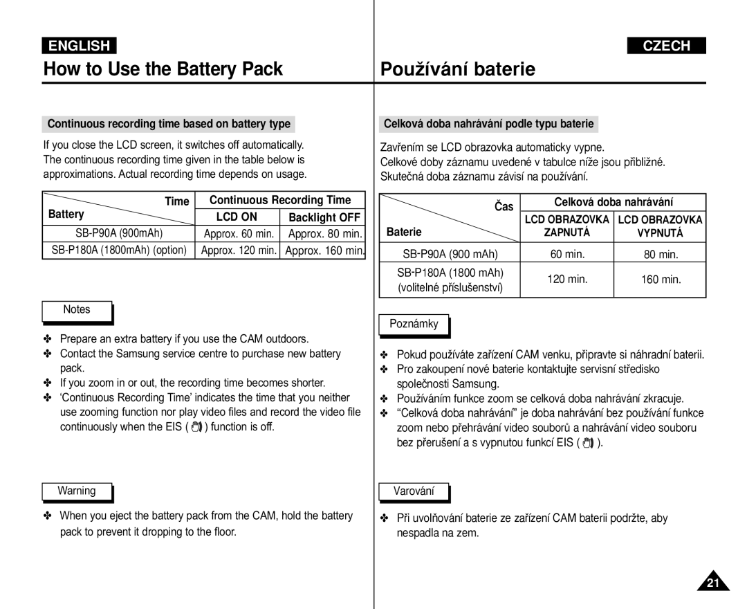 Samsung VP-X110L/UMG manual Continuous recording time based on battery type, Time, Battery, Âas Celková doba nahrávání 