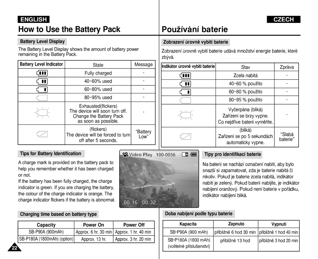 Samsung VP-M110S/XSG, VP-M110S/XET Battery Level Display, Zobrazení úrovnû vybití baterie, Tips for Battery Identification 