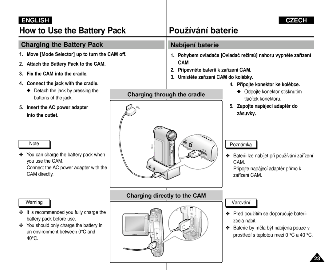 Samsung VP-M110S/FES Charging the Battery Pack Nabíjení baterie, Charging through the cradle, Charging directly to the CAM 