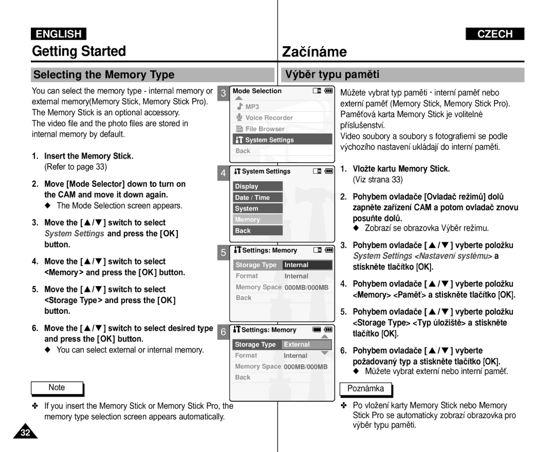 Samsung VP-M110S/AFR, VP-M110S/XET, VP-M110S/XEF Selecting the Memory Type ˘bûr typu pamûti, Mode Selection screen appears 