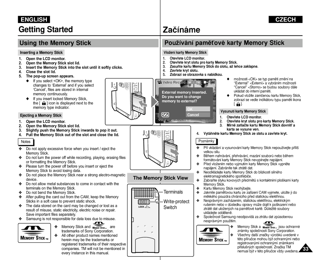 Samsung VP-M110R/FPT, VP-M110S/XET, VP-M110S/XEF, VP-M110B/XEF manual PouÏívání pamûÈové karty Memory Stick, Memory Stick View 