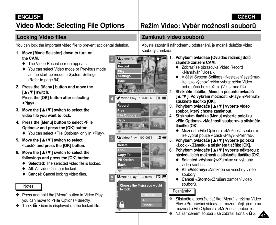 Samsung VP-M110S/XEE, VP-M110S/XET, VP-M110S/XEF, VP-M110B/XEF, VP-X110L/XEF manual Locking Video files Zamknutí video souborÛ 